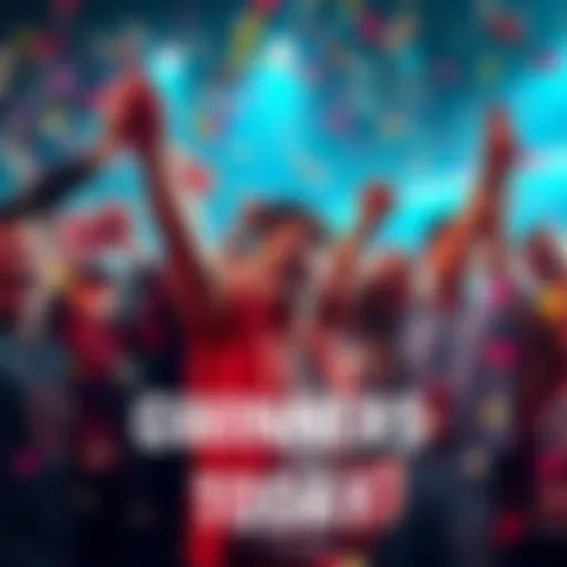 People celebrating after winning big, with confetti and cash around them