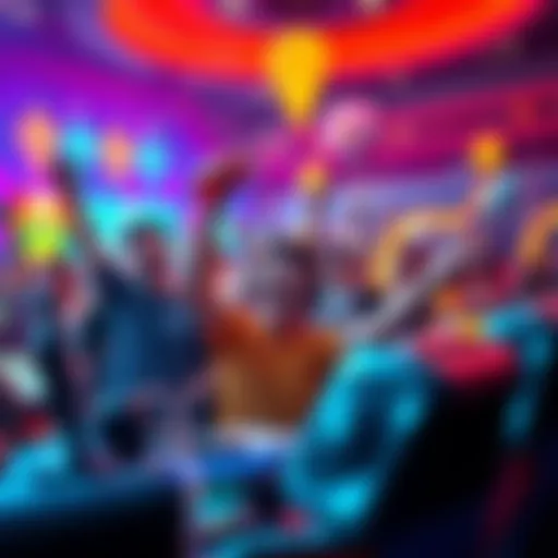Celebrating Big Wins in Gaming A vibrant gaming scene where players cheer and celebrate their big wins, showcasing excitement and joy in a festive atmosphere