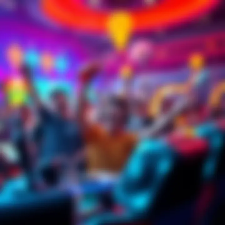 Celebrating Big Wins in Gaming A vibrant gaming scene where players cheer and celebrate their big wins, showcasing excitement and joy in a festive atmosphere