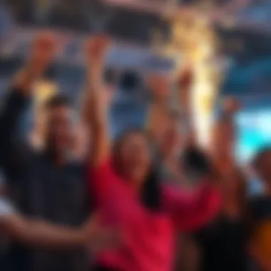 A group of happy people celebrating their recent wins with cheers and smiles, showcasing joy in their achievements.