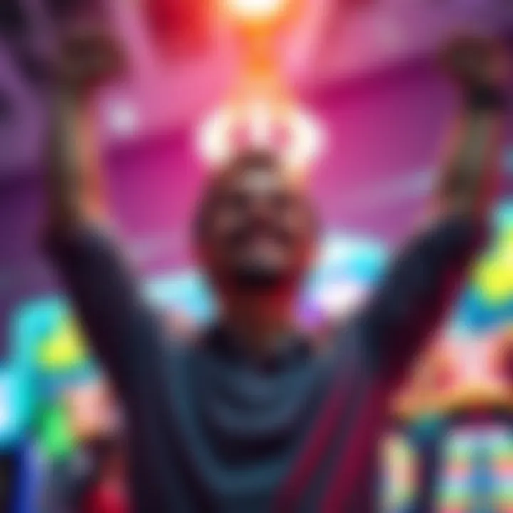 A person celebrating sobriety A person smiling with arms raised in celebration, symbolizing one week of sobriety from online gambling, with a bright background