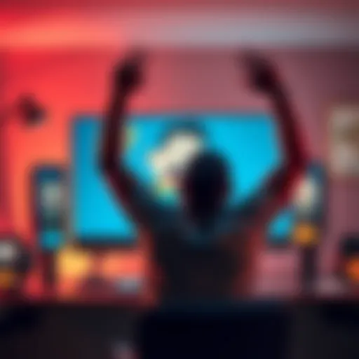 Individual joyfully celebrating a successful early payout decision in front of a computer with a disappointed cartoon character on the screen