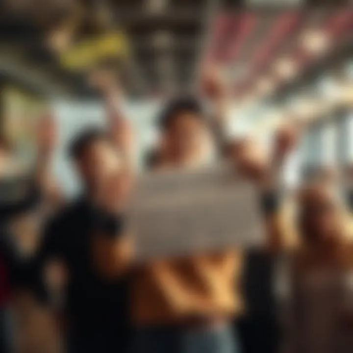 A person happily holding a celebration sign after reaching a financial goal, surrounded by supportive friends, symbolizing teamwork and achievement.