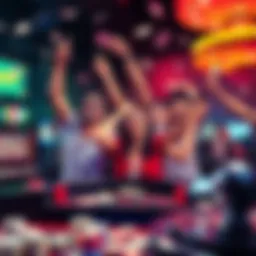 A group of people joyfully celebrating after winning in gambling, with cash and gaming equipment around.