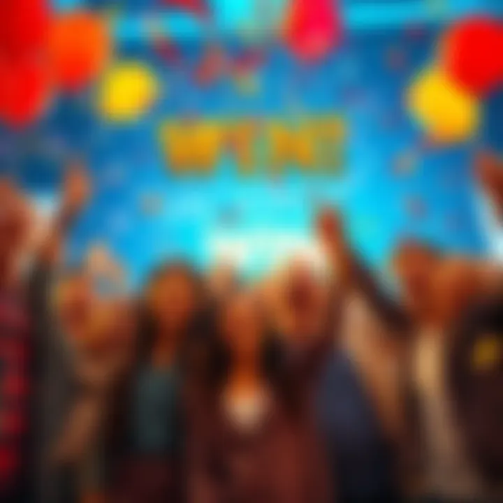 A group of happy people celebrating their jackpot win with balloons and confetti