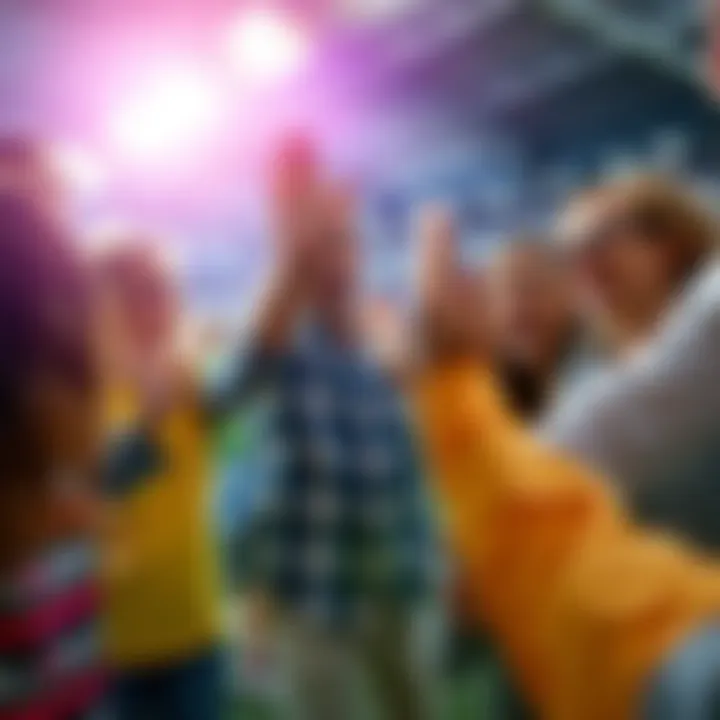 A group of people expressing joy and excitement after narrowly missing a goal, with smiles and high-fives in a bright setting.