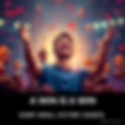 A person raising their hands in celebration with a bright smile, surrounded by small trophies symbolizing victories, big and small.