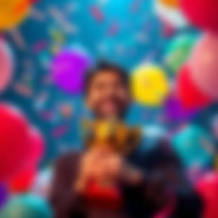 A person smiling while holding a trophy, surrounded by colorful balloons and confetti, representing joy and achievement in daily life.