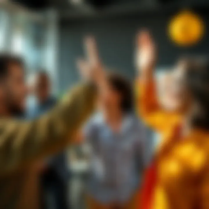 A group of diverse people smiling and high-fiving each other in a cheerful setting, representing joy in overcoming challenges.