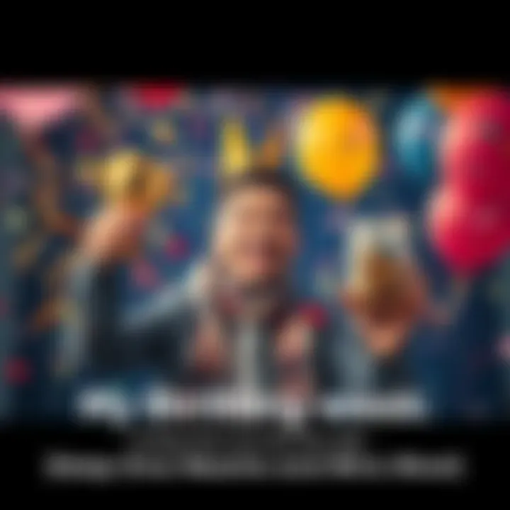 A person smiling and holding a trophy in one hand and a jar of coins in the other, surrounded by confetti and balloons, symbolizing victories and gratitude.