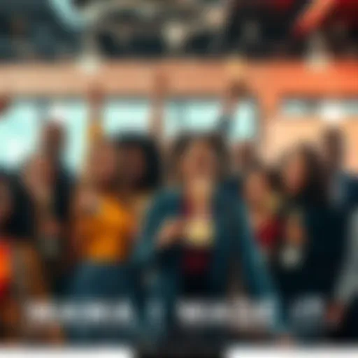 A diverse group of people smiling and celebrating achievements, holding awards and trophies in a bright setting.