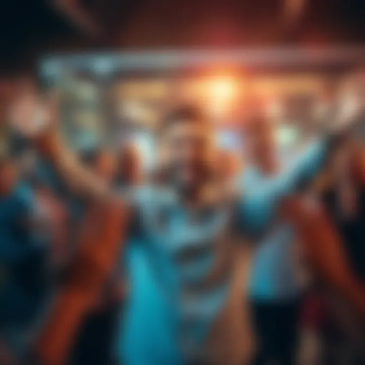 Celebrating a Work Bonus A cheerful person celebrating after receiving a work bonus, with a wide smile and raised hands, surrounded by colleagues who are clapping and cheering.