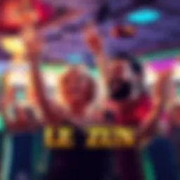 Players celebrating their maximum win on the Le Zeus slot game, with smiles and excitement in a lively gaming environment.