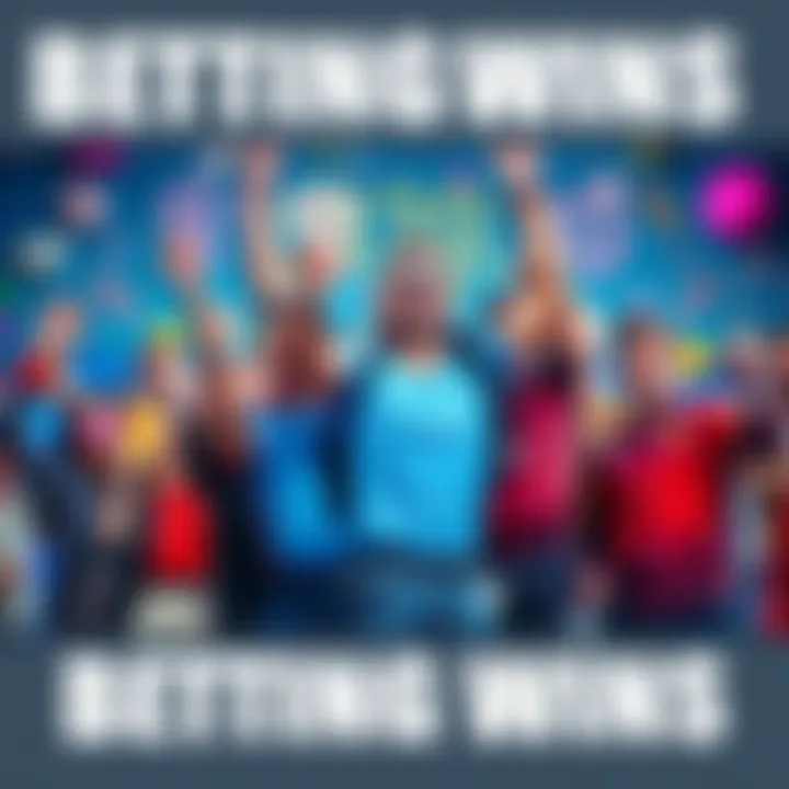 A group of excited people celebrating a big betting victory, holding cash and cheering, with a background of sports memorabilia and colorful decorations.