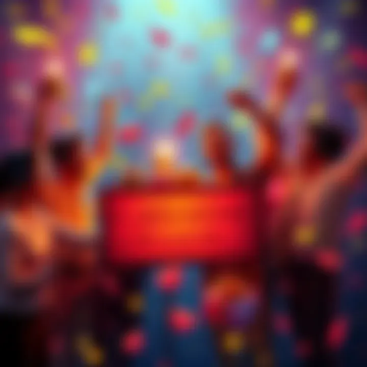 A group of players celebrating together after reaching a new level, with gifts and bonus icons around them