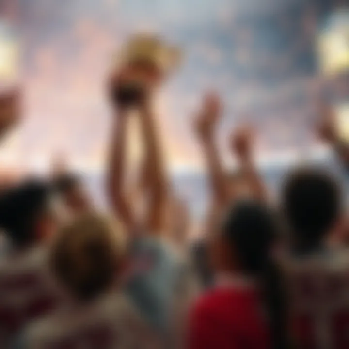 Celebration of a recent win A group of people celebrating a victory with smiles and cheers, holding a trophy in the air