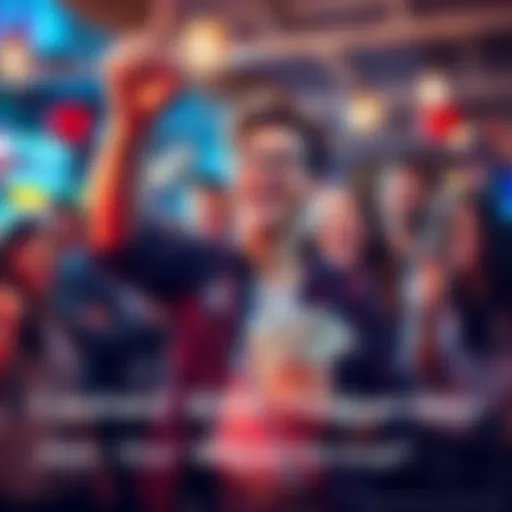 Person celebrating after earning money, with cash in hand and a group of friends smiling in the background