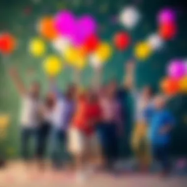 Celebration of 49 Friends on DK App A group of 49 friends celebrating their success on the DK app with joy and excitement, holding balloons and confetti.