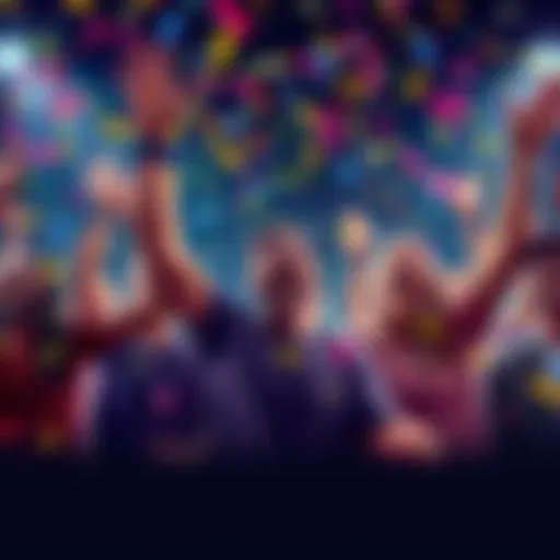 A group of excited players celebrating their big win after hitting a 5 scatter in a game, with colorful confetti falling around them.