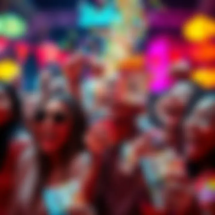 A group of people joyfully celebrating with colorful Bomboclat currency notes in a festive atmosphere.