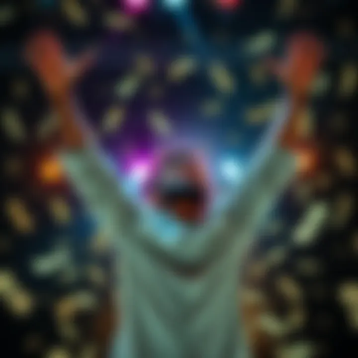 A joyful person with arms raised, symbolizing financial freedom and hope, surrounded by dollar bills and glowing lights.