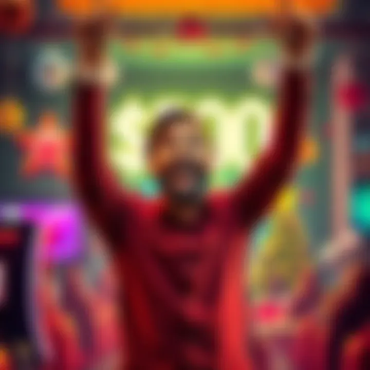 A happy person celebrating a $500 jackpot win with arms raised in excitement, surrounded by festive decorations and a smile on their face.