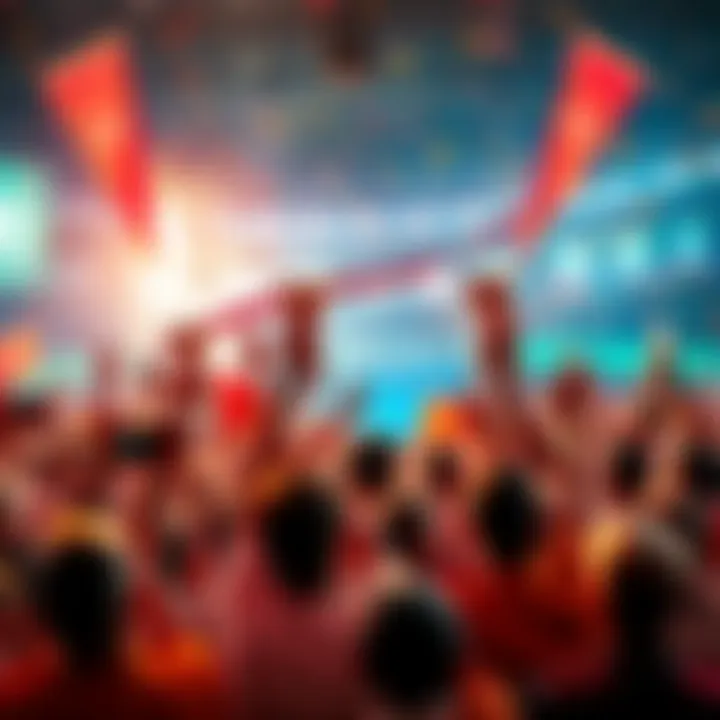 People celebrating a big win with trophies and banners in a festive atmosphere