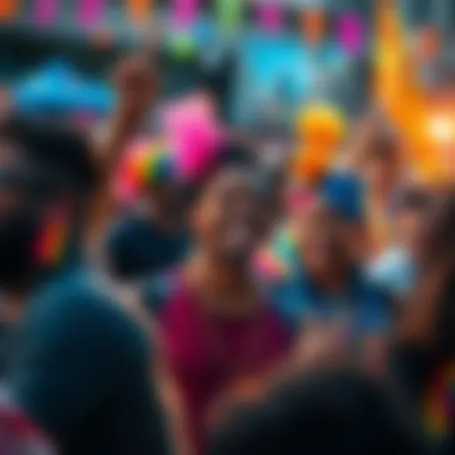 A vibrant gathering of people celebrating confidence and empowerment with colorful decorations and joyful expressions.