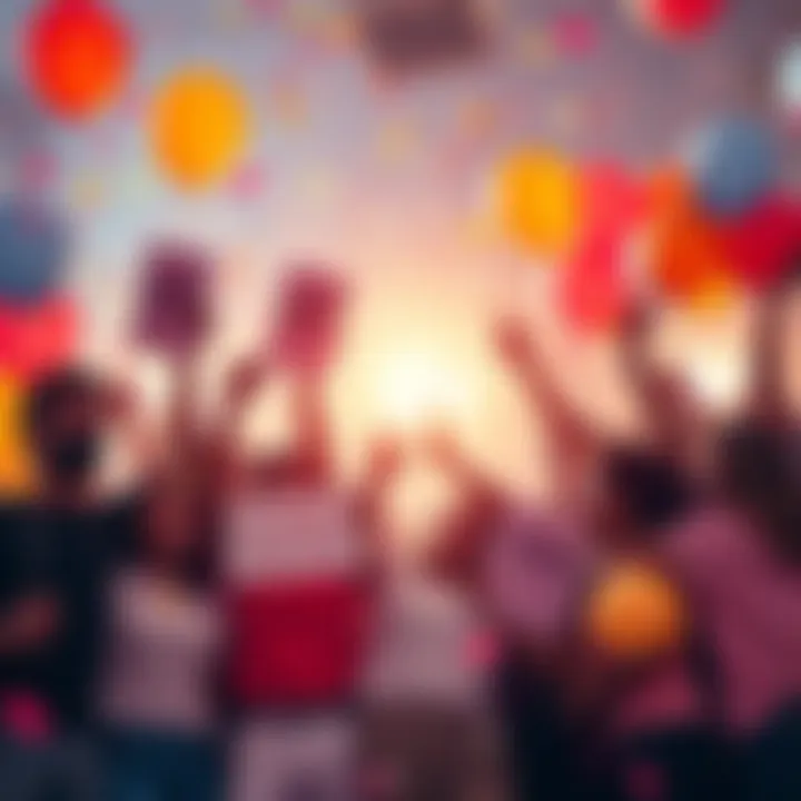 A diverse group of people celebrating together, holding signs of victory and hope, surrounded by balloons and confetti.