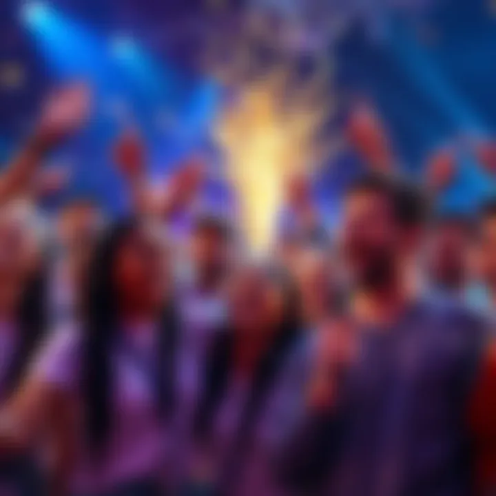 A group of diverse contestants celebrating their achievements at a competition event, showcasing a mix of emotions and excitement.