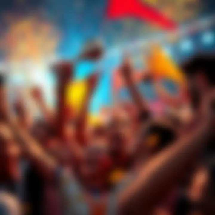 Celebration of a recent victory People celebrating a recent win with smiles and cheers, holding trophies and banners