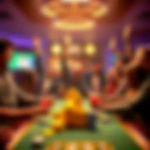 A group of happy players celebrating their wins at a game table, showing excitement and camaraderie.