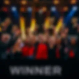 A group of happy winners holding trophies and cheering during an award ceremony