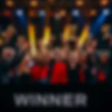 A group of happy winners holding trophies and cheering during an award ceremony