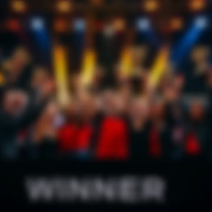 A group of happy winners holding trophies and cheering during an award ceremony