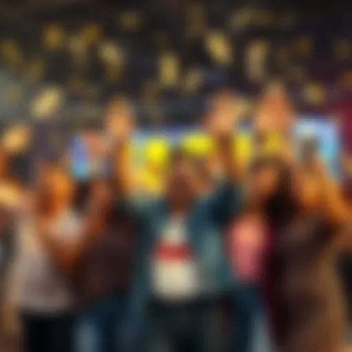 Group of happy people celebrating their wins in Cash 4 Straight, holding cash and cheering together