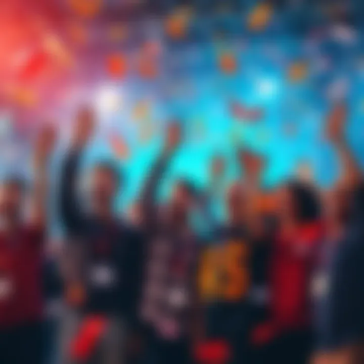 Celebration of wins A group of cheerful people celebrating their achievements together, with confetti in the air and smiles all around.