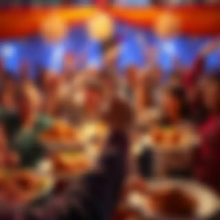 A festive gathering where people cheer for a chicken dinner competition winner, with plates of chicken and joyful expressions.