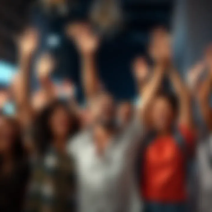 A group of diverse people celebrating together, expressing excitement with raised arms and joyful smiles, showcasing the expression 'hoooyeaaahhh' in a lively atmosphere.