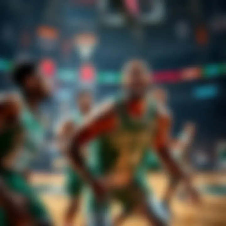 Celtics players in action during a game, showing energy and intensity while facing off against the Heat.