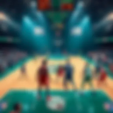 A basketball court showing the Celtics and Sixers teams in action with betting odds displayed