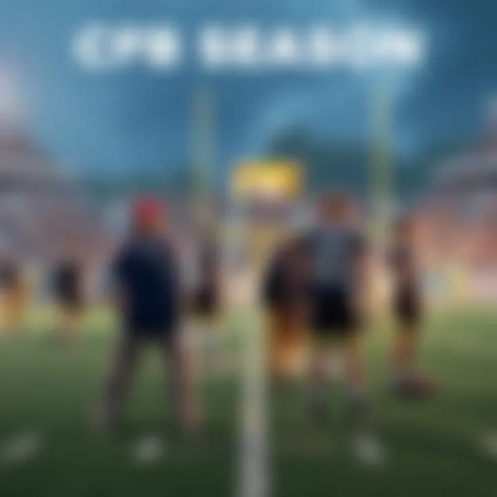 A college football field with teams huddled together, fans looking concerned in the stands.