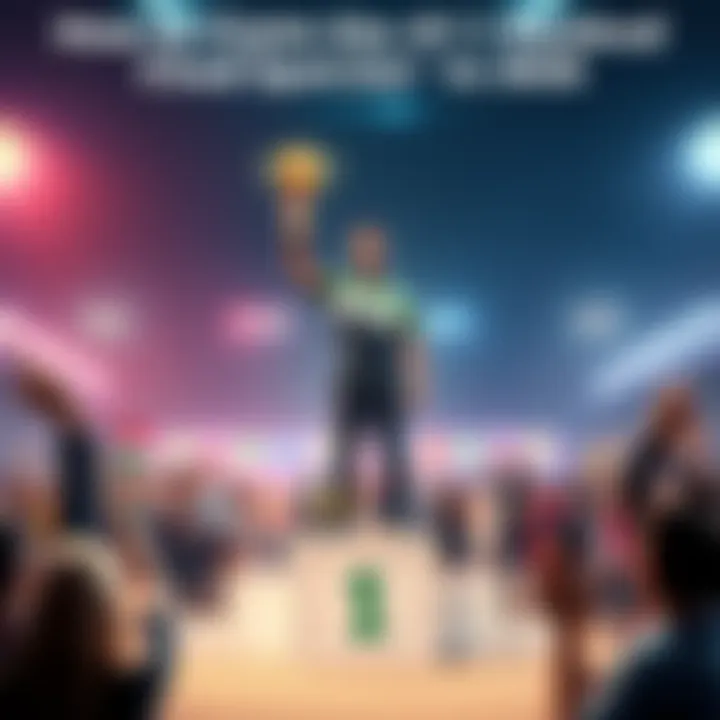 Chad Community Champion A confident individual standing on a podium with a number one trophy, surrounded by cheering people in a lively community setting.