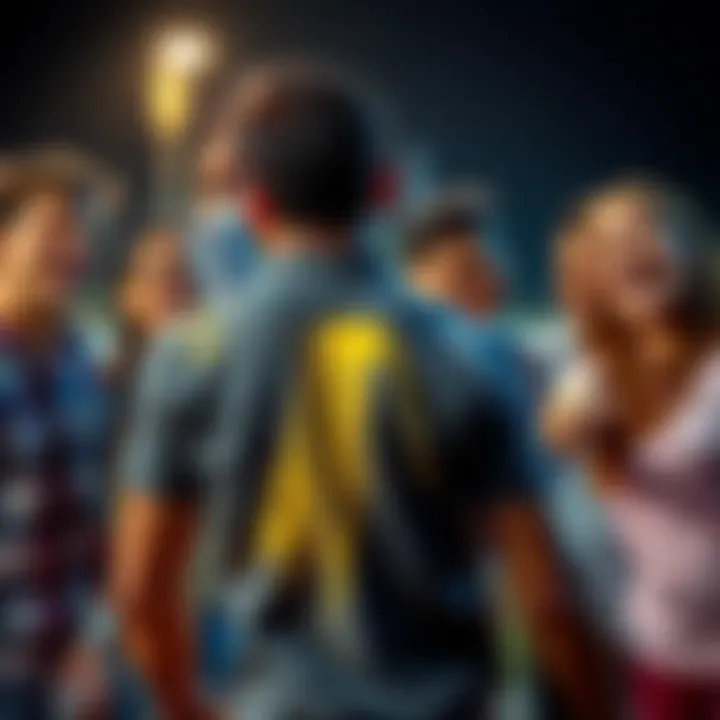 A guy with chalk marks on his back, surrounded by laughing friends, pointing at him playfully.