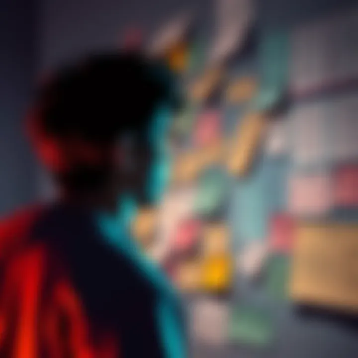 A person looks at a wall filled with notes and strategies, symbolizing the struggles and planning for achieving the next hit.