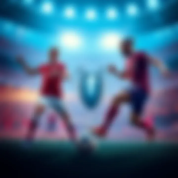 Soccer players competing in a Champions League match with fans cheering in the background.