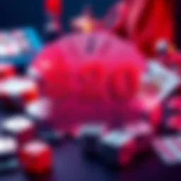 A graphic showing a $20 bonus with gaming elements like dice and cards in the background