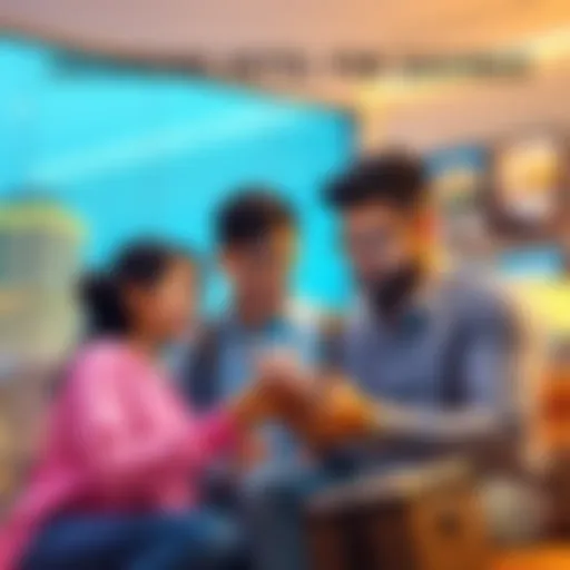 A family discusses hotel options while looking at a smartphone, with hotel images in the background.