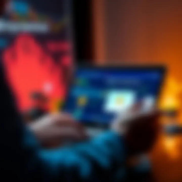 A person checking their email for updates on a monthly crypto bonus, with a laptop and cryptocurrency graphics in the background.