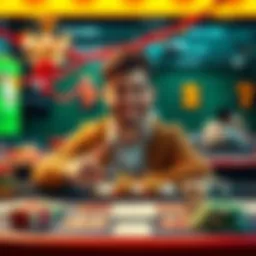 A happy person at a betting table confidently placing their wager with a smile, surrounded by colorful betting slips and festive decor